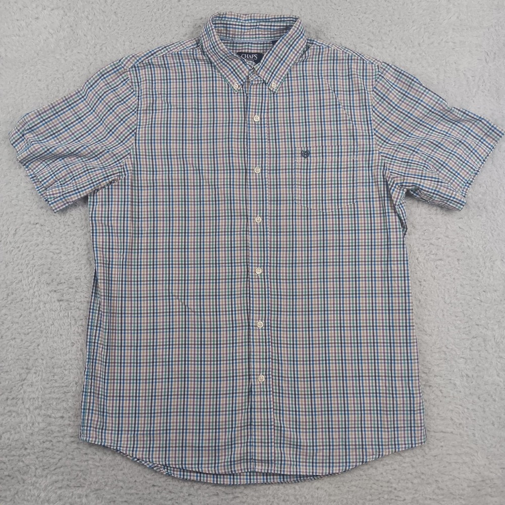 Chaps Button Down Shirt Mens L Multi Color Plaid Short Sleeve Easy Care